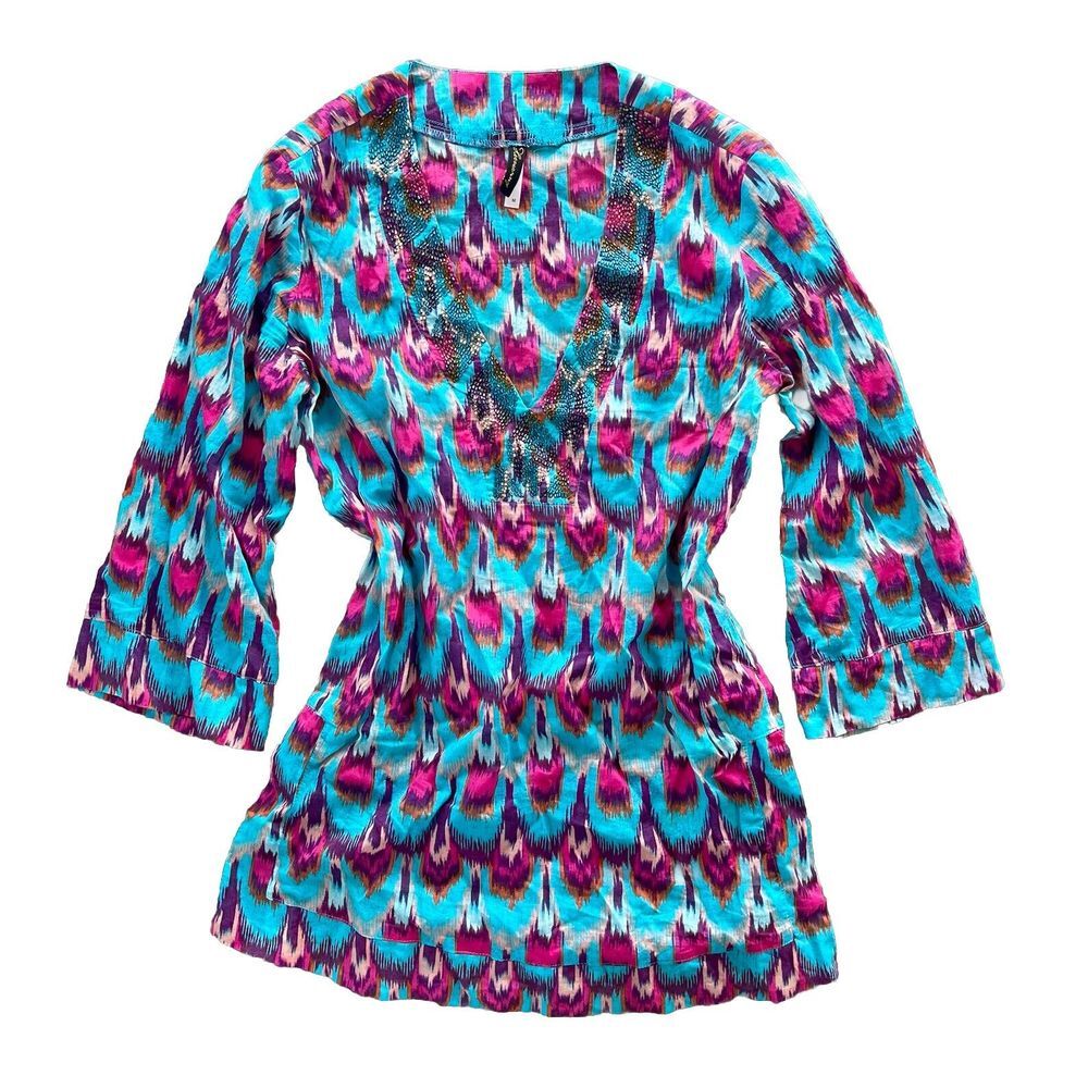 vix paula hermanny Blue Pink Abstract Beaded Cotton Caftan Swim Cover Up Tunic M